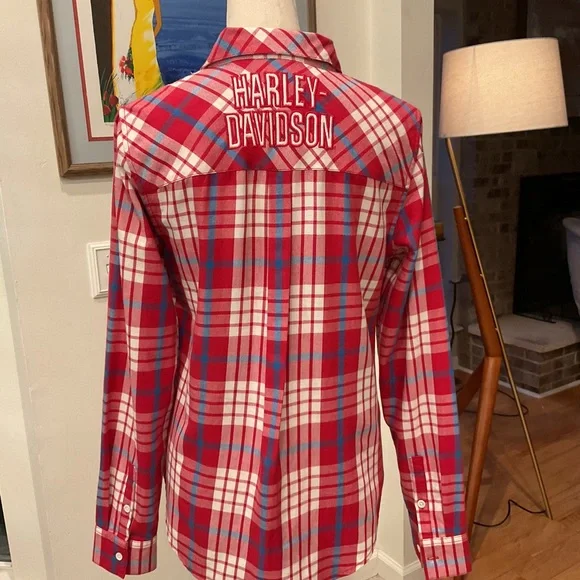 Harley-Davidson Vintage Red, White and Blue Plaid Button-Front Shirt - Picture 4 of 14